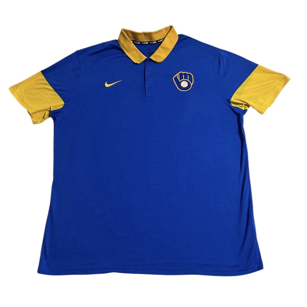 Nike Milwaukee Brewers Men's MLB Baseball Polo Shirt Performance Blue‎ Size XXL